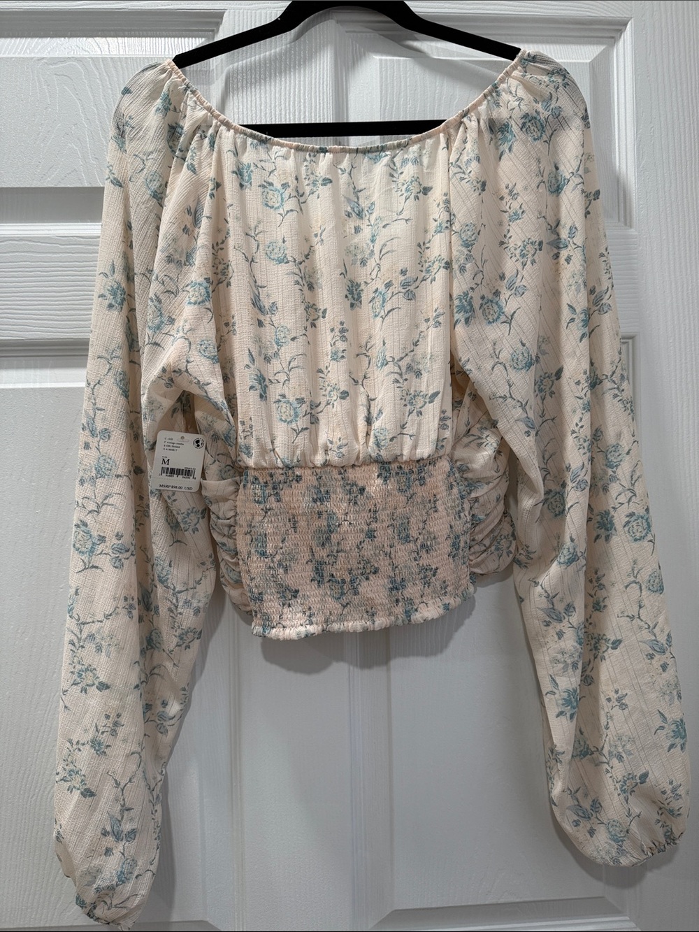 Free People Cream Blouson with Light Blue Floral Print - Picture 4 of 5